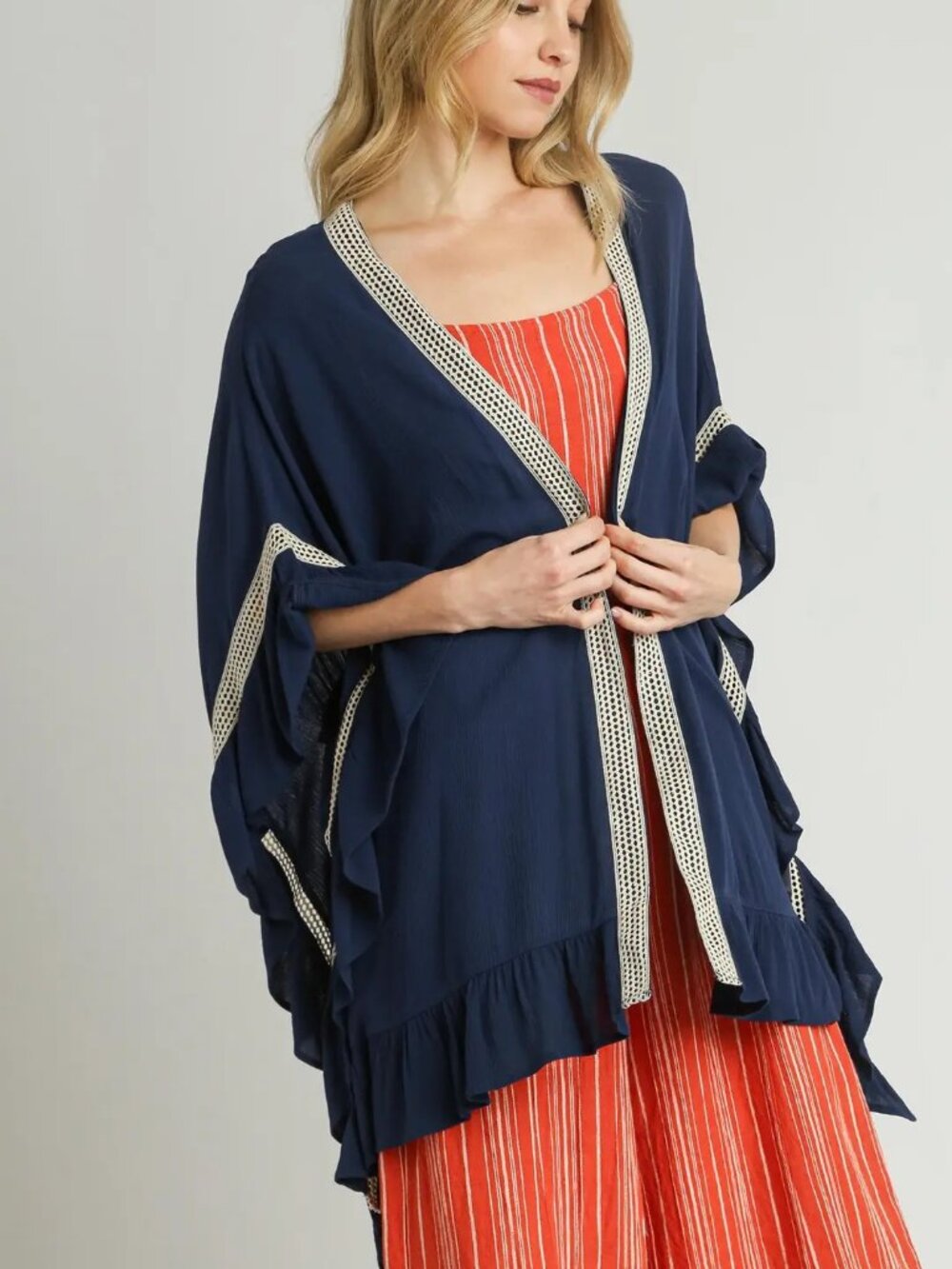 B117 Umgee Ruffle Trim Kimono with Crochet Accent in Navy NEW